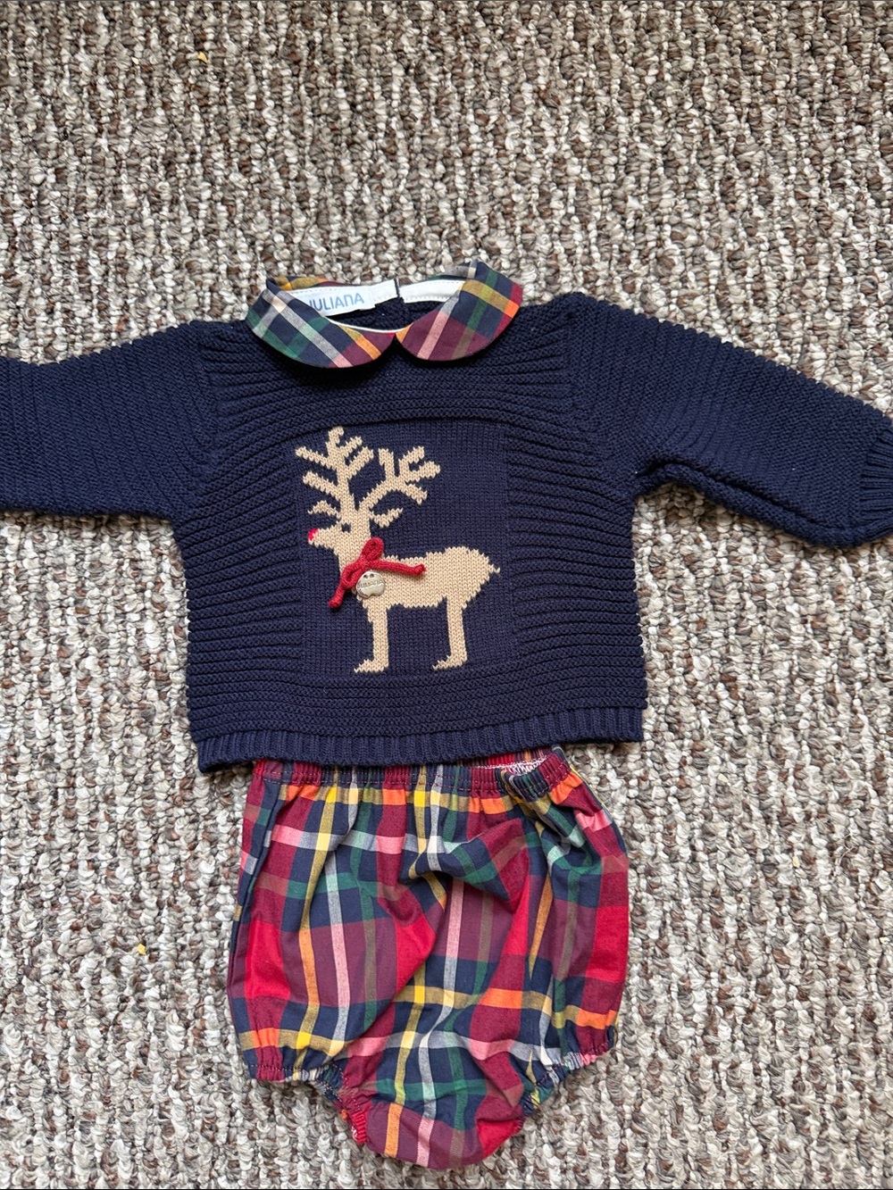 Juliana Navy Knit Reindeer Sweater Set with Plaid Collar and Bloomers